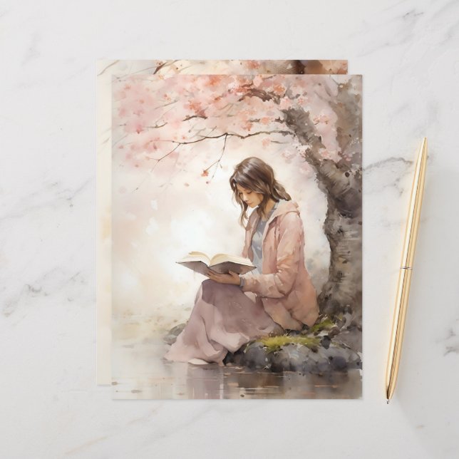 Lezen onder Spring Blossom Scrapbook Papier (Voorkant / Achterkant in situ)