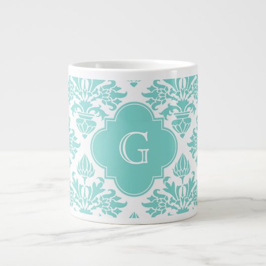 Lg Aqua Floral Damask 3 Aqua Quatrefoil Monogram Extra Grote Mok (Voorkant)