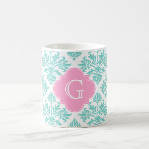 Lg Aqua Floral Damask #3 Roze Quatrefoil Monogram Koffiemok