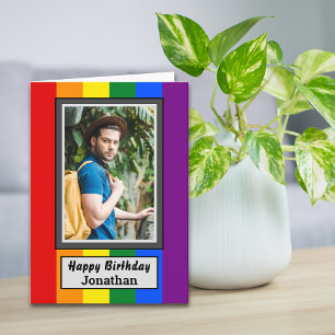 LGBT Gay Rainbow Flag met foto en naam Birthday Kaart