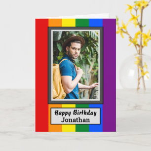 LGBT Gay Rainbow Flag met foto en naam Birthday Kaart