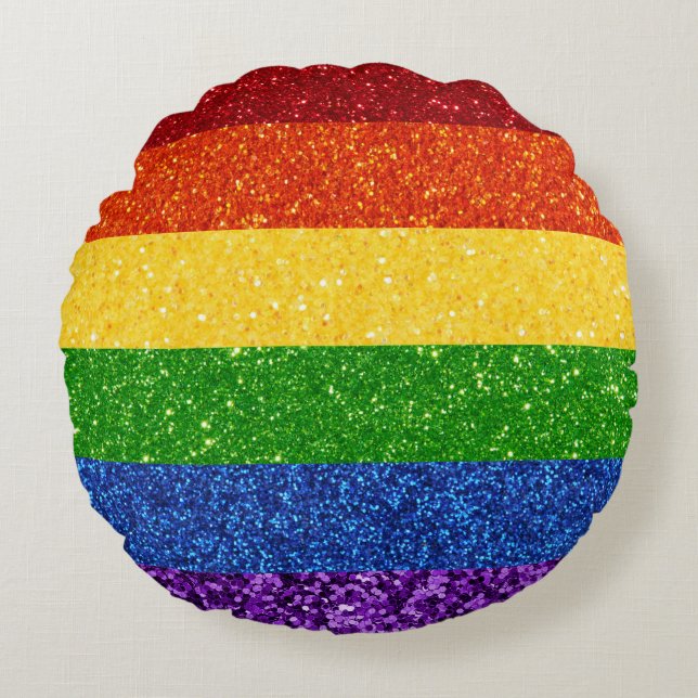 LGBT Glitter Rainbow Pride Flag Rond Kussen (Voorkant)