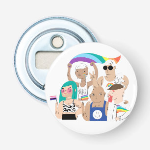 LGBT+Pride. HBT liefde. Regenboog vlag. Button Flesopener