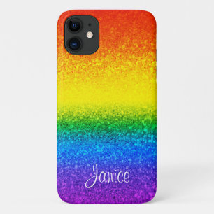 LGBT Pride Rainbow Glitter Stripes Naam iPhone 11 Hoesje