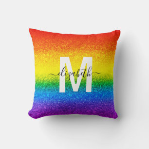 LGBT Rainbow Chic Rainbow Glitter Stripes Monogram Kussen