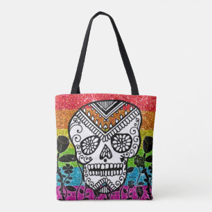 LGBT Rainbow Glitter Sugar Skull Black Flower Draagtas