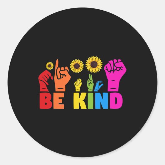 LGBT Rainbow Pride Maand ASL Be Kind Hand Teken L Ronde Sticker (Voorkant)