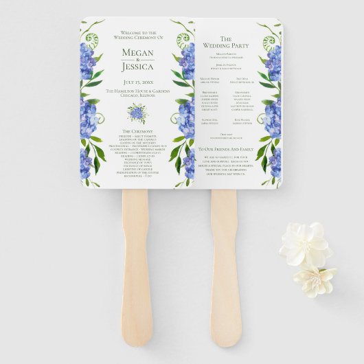 LGBTQ Blue Hydrangeas Bloemen Huwelijksprogramma Handwaaier (Voorkant en achterkant)