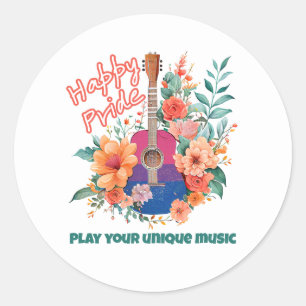 LGBTQ Happy Pride, Retro Guitar & Flowers, Bi Ronde Sticker