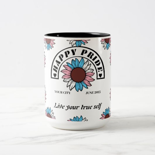 LGBTQ Happy Pride: Zonnebloem in transgenderkleure Tweekleurige Koffiemok (Center)