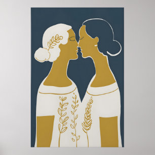 LGBTQ-lijn kunstprint twee vrouwen kussen, minimal Poster