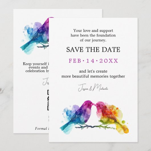 LGBTQ+ met QR-code Rainbow Lovebirds Save The Date (Voorkant / Achterkant)