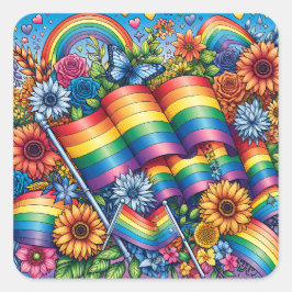 LGBTQIA+ Pride Vlaggen, Regenbogen, Bloemen Vierkante Sticker