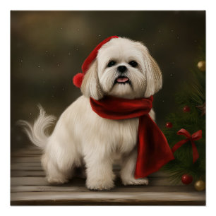 Lhasa Apso-hond in de sneeuw met Kerstmis Perfect Poster