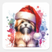 Lhasa Apso Hond in Santa Hat Kerstmis Vierkante Sticker (Voorkant)
