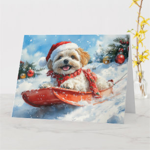Lhasa Apso Hond in Sledge Laat het Sneeuw Kerstmis Kaart
