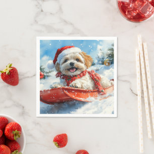 Lhasa Apso Hond in Sledge Laat het Sneeuw Kerstmis Servet
