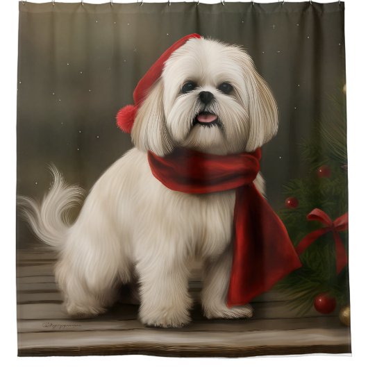 Lhasa Apso Hond in Sneeuw Kerstmis Douchegordijn (Voorkant)