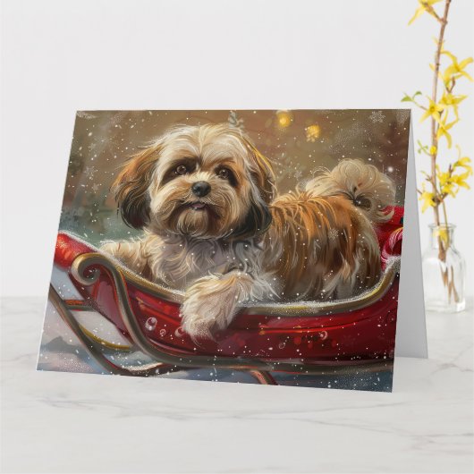 Lhasa Apso Hond Kerstfeest Kaart (Gele Bloem)