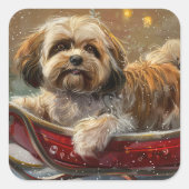 Lhasa Apso Hond Kerstfeest Vierkante Sticker (Voorkant)
