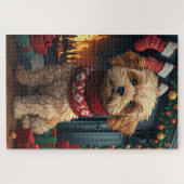 Lhasa Apso-hond met kerstcadeaus open haard Legpuzzel (Horizontaal)