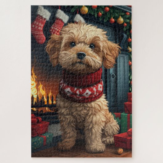 Lhasa Apso-hond met kerstcadeaus open haard Legpuzzel (Verticaal)