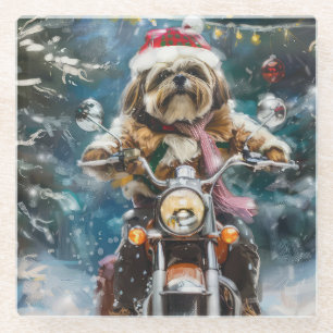 Lhasa Apso Hond Rijden Motorfiets Kerstmis Glazen Onderzetter