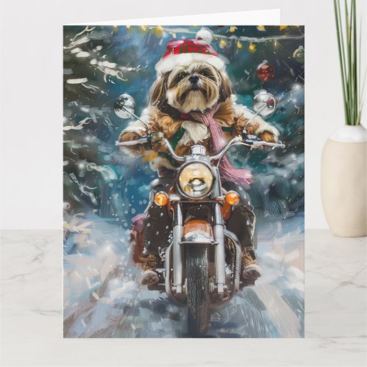 Lhasa Apso Hond Rijden Motorfiets Kerstmis Kaart (Voorkant)