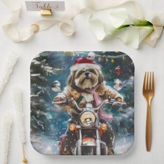 Lhasa Apso Hond Rijden Motorfiets Kerstmis Papieren Bordje (Huwelijk)