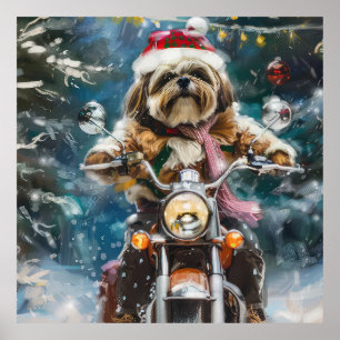 Lhasa Apso Hond Rijden Motorfiets Kerstmis Poster