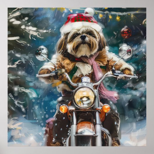 Lhasa Apso Hond Rijden Motorfiets Kerstmis Poster (Voorkant)