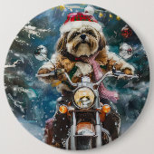Lhasa Apso Hond Rijden Motorfiets Kerstmis Ronde Button 6,0 Cm (Voorkant)