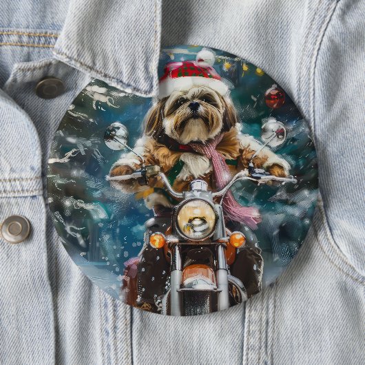 Lhasa Apso Hond Rijden Motorfiets Kerstmis Ronde Button 6,0 Cm (In situ)