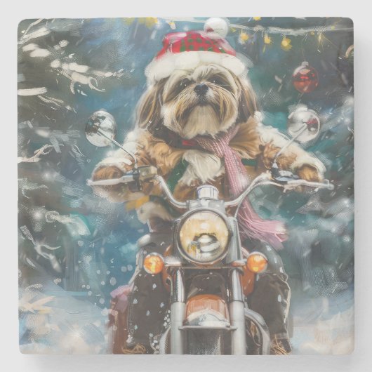 Lhasa Apso Hond Rijden Motorfiets Kerstmis Stenen Onderzetter (Voorkant)