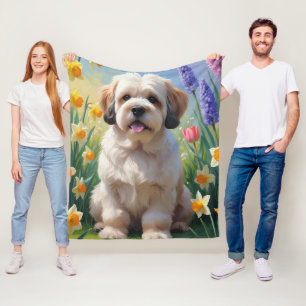 Lhasa Apso Hond Spring Bloemen Schilderen Fleece Deken