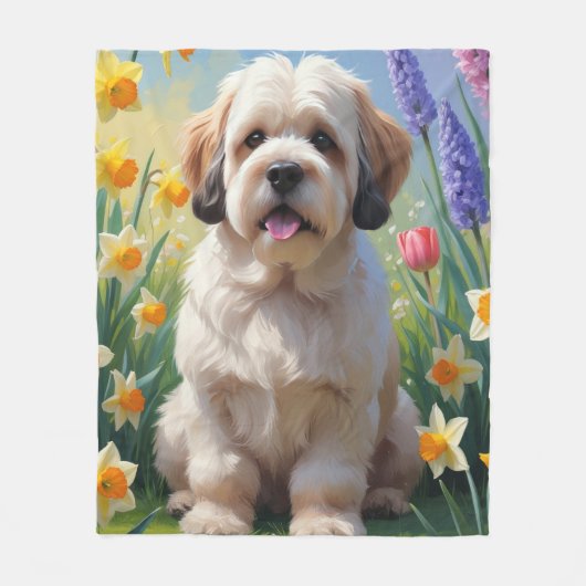Lhasa Apso Hond Spring Bloemen Schilderen Fleece Deken (Voorkant)