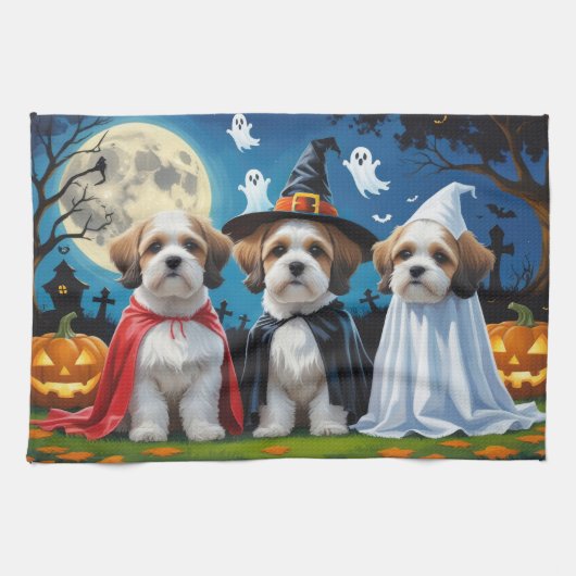 Lhasa Apso Honden Pompoen Halloween Grappig Theedoek (Horizontaal)