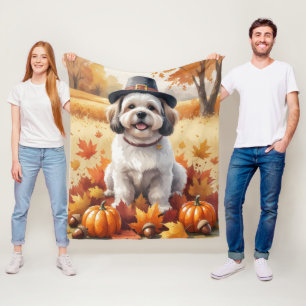 Lhasa Apso In Herfstbladeren Thanksgiving Kunst Fleece Deken
