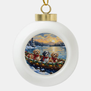 Lhasa Apso Kerstboot Vakantie Keramische Bal Ornament