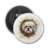 Lhasa Apso Kerstkrans feestelijke pup Button Flesopener (Voorkant)