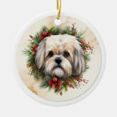 Lhasa Apso Kerstkrans feestelijke pup Keramisch Ornament (Voorkant)