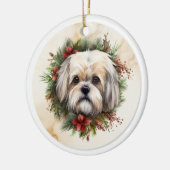 Lhasa Apso Kerstkrans feestelijke pup Keramisch Ornament (Links)