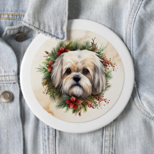 Lhasa Apso Kerstkrans feestelijke pup Ronde Button 6,0 Cm