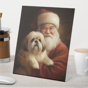 Lhasa Apso met kerstman Festive Kerstmis Reclamebord Met Voetstuk
