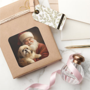 Lhasa Apso met kerstman Festive Kerstmis Vierkante Sticker