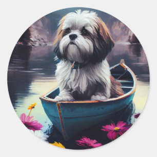 Lhasa Apso op een peddel: Een landschappelijk avon Ronde Sticker