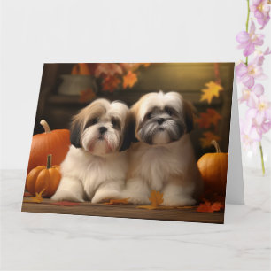 Lhasa Apso Puppy Herfst Plezier Pompoen Kaart