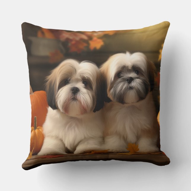 Lhasa Apso Puppy Herfst Plezier Pompoen  Kussen (Achterkant)