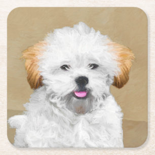 Lhasa Apso Puppy Schilderij - Mooie Originele Hond Vierkante Kartonnen Onderzetter