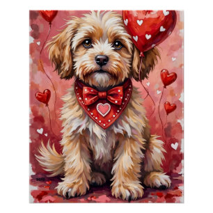 Lhasa Apso Valentijnshond zit met harten Rood Perfect Poster
